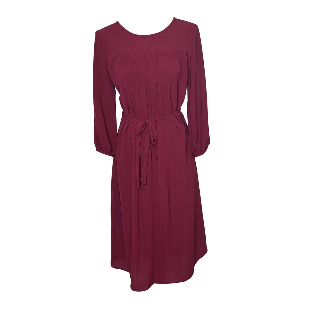 Downeast Burgundy Long Sleeve Belted Midi Dress Round Neck Maroon Large USA